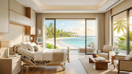 Fototapeta premium Exclusive modern interior design of serene hospital room bedroom featuring large window view and warm natural daylight