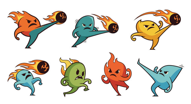 Cartoonish fire element characters kicking with angry expressions