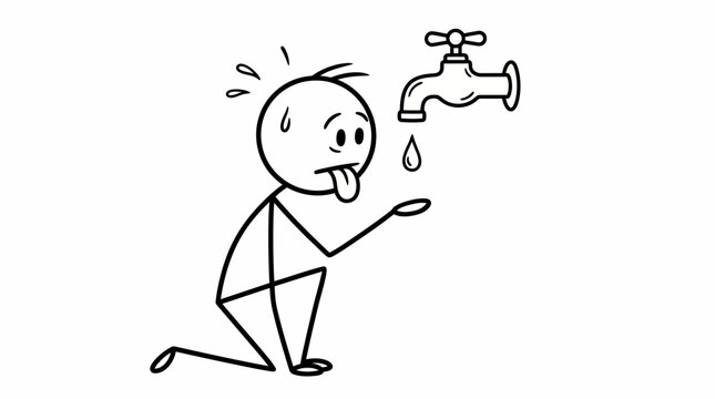 Thirsty Stick Figure Kneeling Under Dripping Faucet Seeking Water