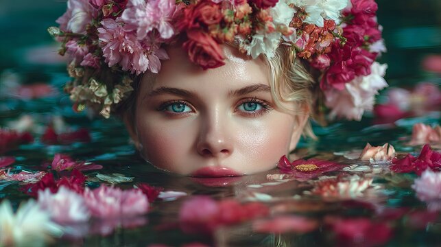 Pretty lady swims in pond with flowers.