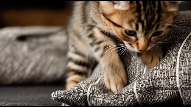 Playful Kitten: Capturing an adorable kitten in a close-up, gazing at a pillow with a blend of curiosity and playfulness, with its soft fur and charming expression.