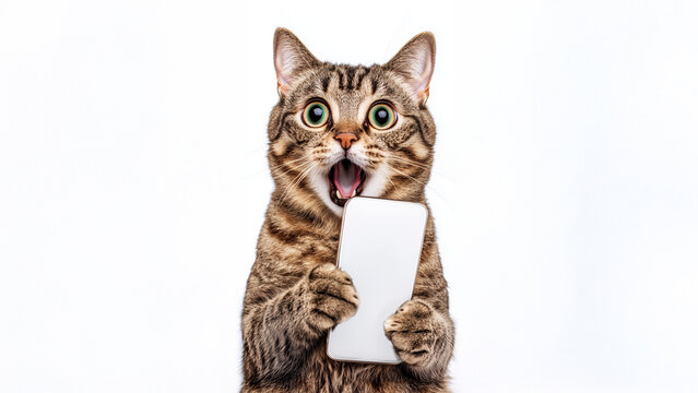 Shocked tabby cat with open mouth holding smartphone with blank screen on white background  center alignment
