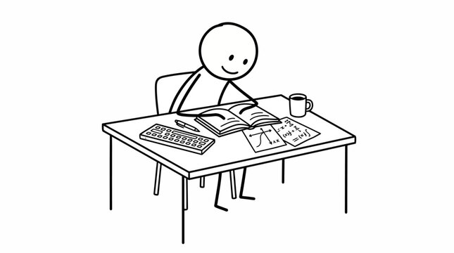 Stick figure student studying at a desk with books and a keyboard