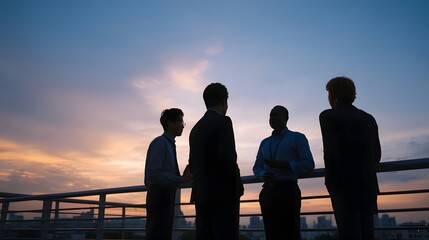 Fototapeta na wymiar Business professionals stand on a rooftop at dusk viewing the expansive city skyline together
