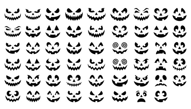 set of halloween pumpkin faces with scary expressions on transparent background
