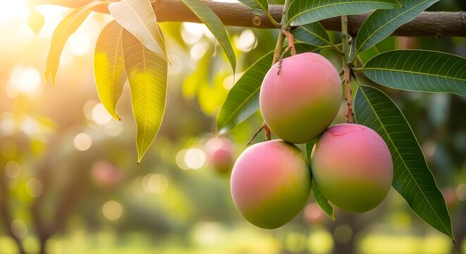 Ripe Tropical Mangoes Hanging on Tree Branch in Sunny Orchard with Soft Bokeh Background