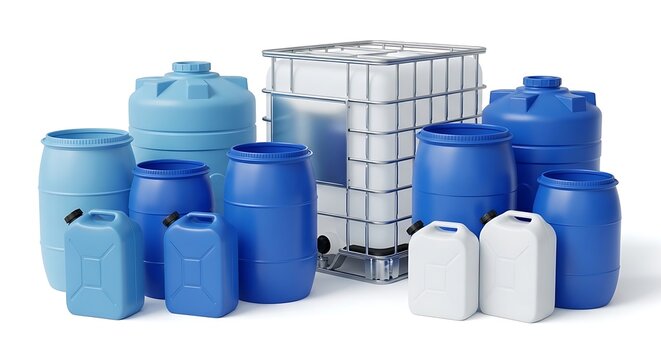 Collection of various industrial plastic containers and drums isolated on white background