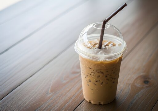 Delicious iced coffee with straw inside a transparent plastic cup rests on a textured wooden surface, offering a refreshing beverage option perfect for a summer treat, capturing its inviting