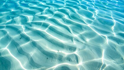 Fototapeta premium 透き通るターコイズブルーの浅瀬の海底に波紋の光が映り込む夏のラグーン水中テクスチャ