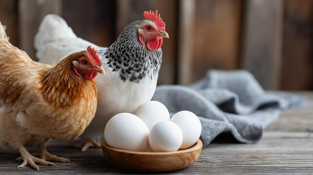 Hens and fresh eggs on a wooden surface, farm poultry and organic egg production concept, backyard chicken farming and natural livestock photography, with copy space
