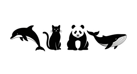 Collection of four animal silhouettes including a dolphin cat panda and whale. © Dar