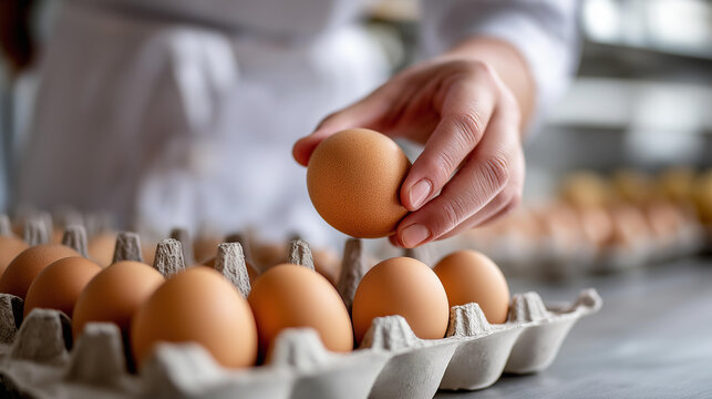 Close-up of a brown egg being gently lowered into a carton by a worker's hand, careful handling and quality assurance concept, egg production photography, with copy space