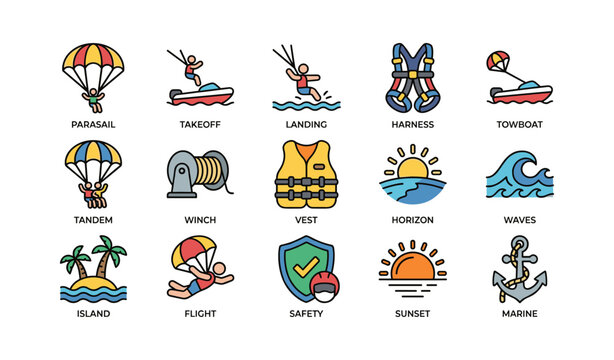 Collection of parasailing and marine activity icons on white background