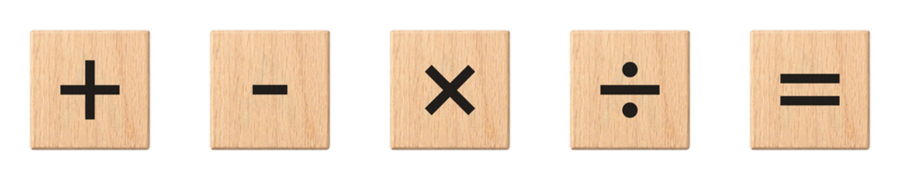 Five Wooden Blocks With Math Symbols Plus Minus Multiply Divide And Equal Signs Isolated on Transparent Background