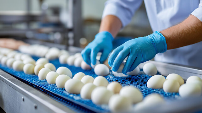 Worker in blue gloves scrubbing raw chicken eggs on a conveyor belt in a food processing factory, egg production quality and cleanliness concept, with copy space