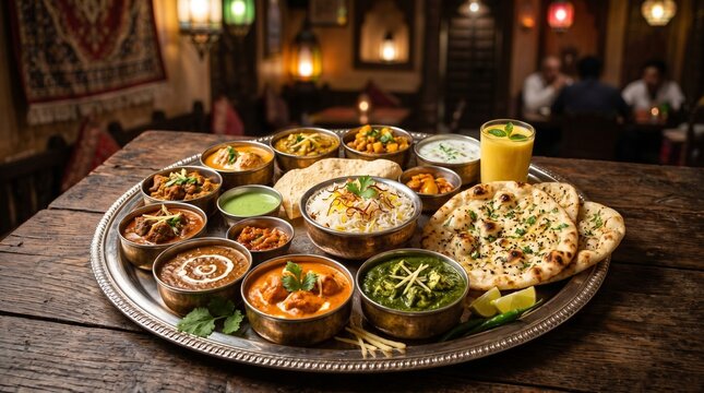 Variety of Indian dishes on a large silver platter on a wooden table indoors