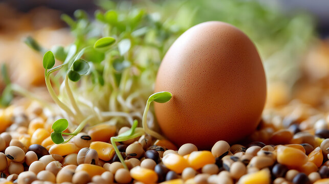 Single brown organic egg placed on a mix of corn kernels, soybeans, wheat, and green sprouts, organic layer chicken feed concept, shallow depth of field, with copy space