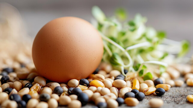 Single brown organic egg placed on a mix of corn kernels, soybeans, wheat, and green sprouts, organic layer chicken feed concept, shallow depth of field, with copy space