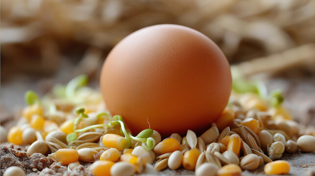 Single brown organic egg placed on a mix of corn kernels, soybeans, wheat, and green sprouts, organic layer chicken feed concept, shallow depth of field, with copy space