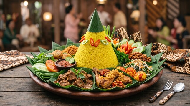 Nasi Tumpeng dish on table with people eating in background restaurant