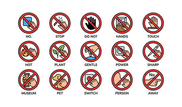 Prohibition and no touch warning icons on white background