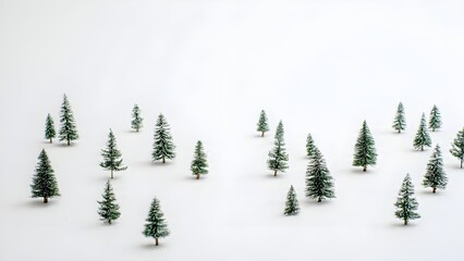 Fototapeta premium Rows of small evergreen and Christmas trees arranged on a white surface create a minimalist winter forest pattern