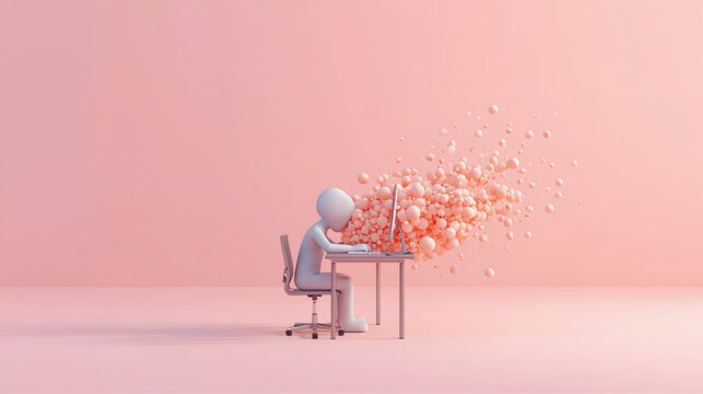 AI-Generated minimalist illustration of burnout, showing a faceless figure working at a desk as cloud-like forms drift away, symbolizing mental strain, fatigue, stress, and emotional exhaustion