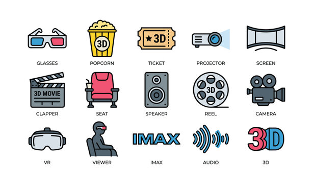 Cinema and 3d movie icons arranged on white background