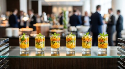 Obraz premium Individual fruit salad cups at a corporate event in a business center, bright white lighting.