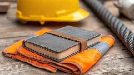 Fototapeta premium Detailed Eye Level Shot of a Gray Notebook on an Orange Safety Vest with a Yellow Hard Hat and Construction Tools in the Background