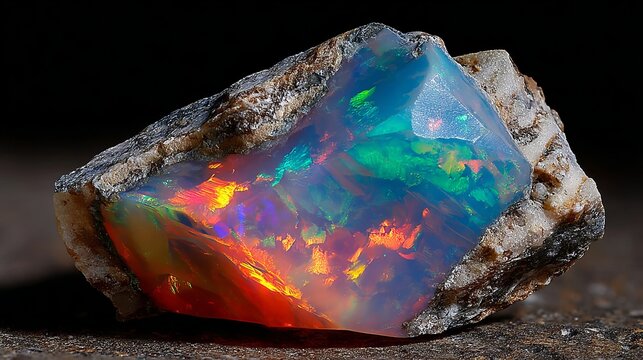 Close-up shows one uncut opal glowing with bright colors. Gem's natural shine and rainbow shades are visible.