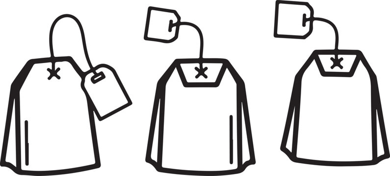 Tea bag line art set showing organic herbal beverage packaging with string and paper label tags for cafe menu or kitchen branding.