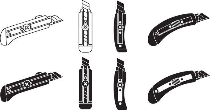 Utility knife collection including various paper cutter designs for construction and office supplies in black silhouette vector style.