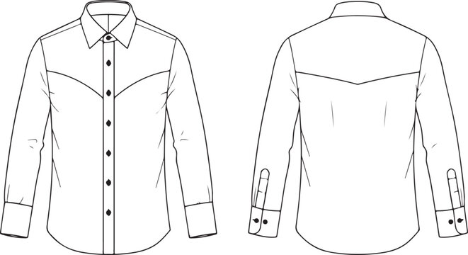 Front and back view of men's western style shirt outline for fashion design.