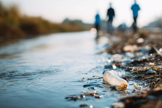 A discarded plastic bottle pollutes a riverbank. Environmental problem of plastic waste and garbage contaminating nature