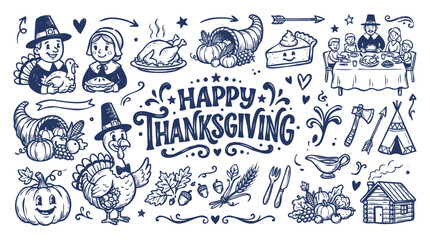 Vintage 1930s Style Happy Thanksgiving and Autumn Harvest Doodle Set © Avartde