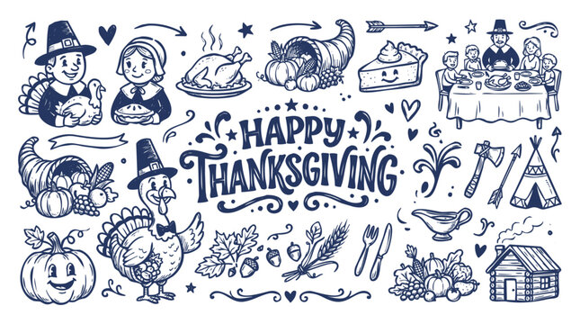 Vintage 1930s Style Happy Thanksgiving and Autumn Harvest Doodle Set