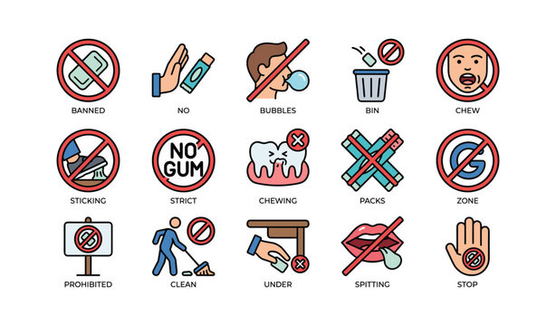 No gum and chewing prohibition icons set on white background