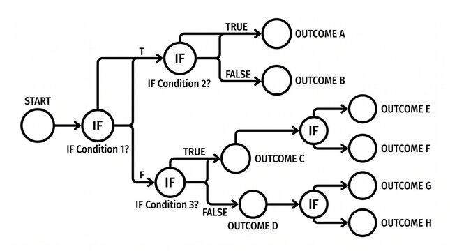 detailed vector flowchart with branching logic tree