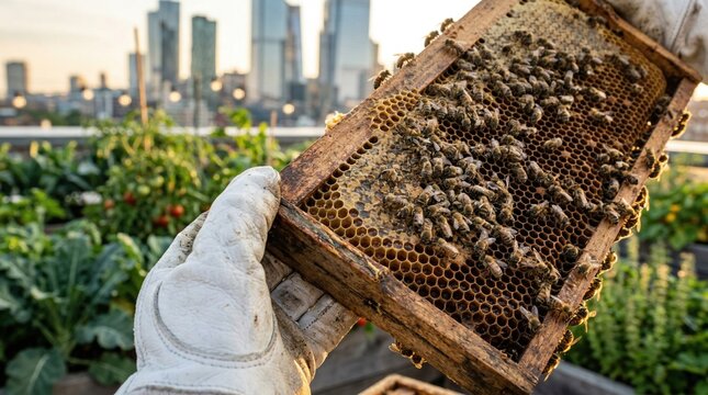 Gloved hand holding a bee hive frame covered with honeybees above a rooftop garden with city skyline in the background, suggesting urban beekeeping, pollination and sustainable local food production