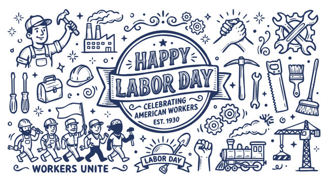 Vintage 1930s Style Happy Labor Day and American Workers Celebration Doodle Set
