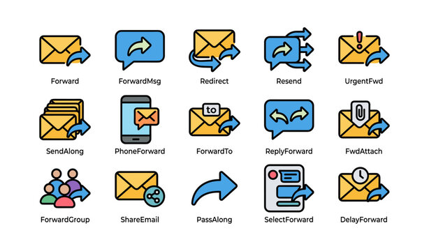 Email forward icons displaying various forwarding actions and symbols