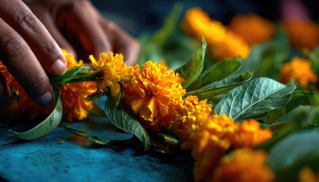 Close-up of fresh marigold flowers and mango leaves being strung together to make a decorative toran (door hanging), hands at work, vibrant colors, sharp details, soft morning light