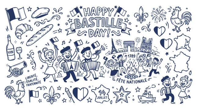 Vintage 1930s Style Happy Bastille Day and French National Day Doodle Set
