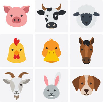 Collection of Cute Farm Animal Heads in a Flat Design Style.