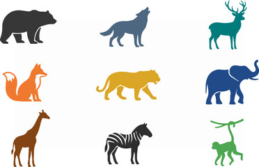 Fototapeta premium Collection of various animal silhouettes in different colors and poses for design.