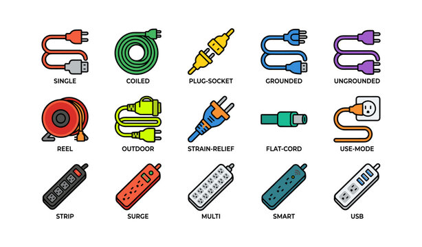 Power cords and extension types arranged in grid layout