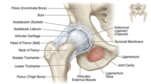 Detailed cross‑sectional anatomy of the human hip joint showing pelvic acetabulum with labrum, articular cartilage, head and neck of femur, joint capsule, synovial membrane, ligamentum teres and surro