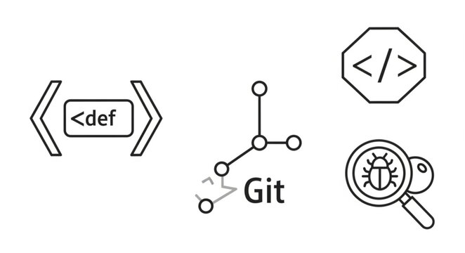 Software development icons and symbols for coding and debugging.
