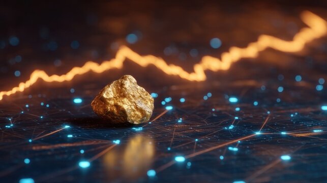 Illuminated raw gold nugget resting on a high-tech surface with glowing nodes and dynamic line graph background highlighting digital value trends